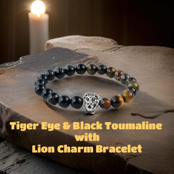 Tiger Eye & Black Tourmaline with Lion Charm Bracelet